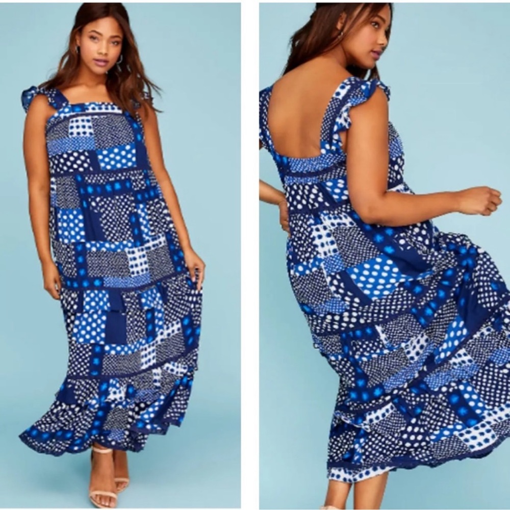 Lane Bryant Plus Size 16 Boho
Strapless Blue Patchwork Maxi Dress
Size 16 NWT